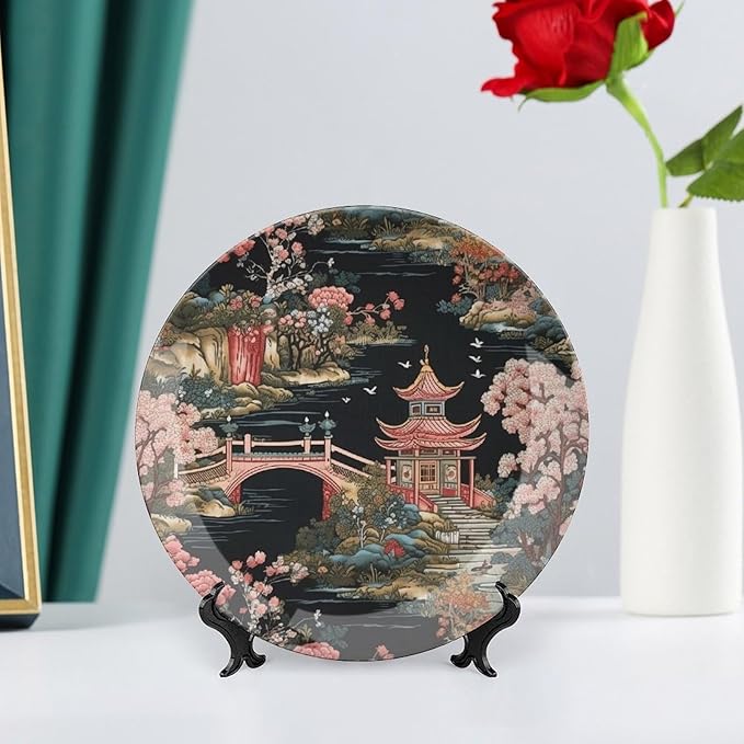 Chinoiserie Charcoal Coral Pagoda Asian China Plates for Display Oriental Chinoiserie Household Kitchen Supplies Table Wall Holiday Party Decorations Customize Gifts for Men Women Thanksgiving
