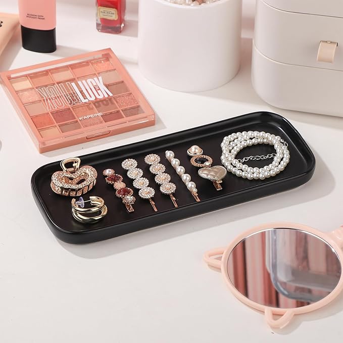 VanEnjoy Set of 2 Ceramic Tray for Kitchen Counter, Black Vanity Tray for Bathroom Counter, Long Narrow Tray for Soap Bottles