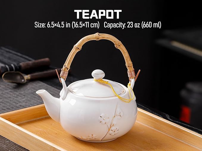Japanese Tea Set, White Porcelain tea set with 1 Teapot(23 oz/660ml), 6 Tea cups(5.3 oz/150ml), 1 Tea Tray, Golden plum blossom relief, Asian tea sets for adults (Golden plum-White)