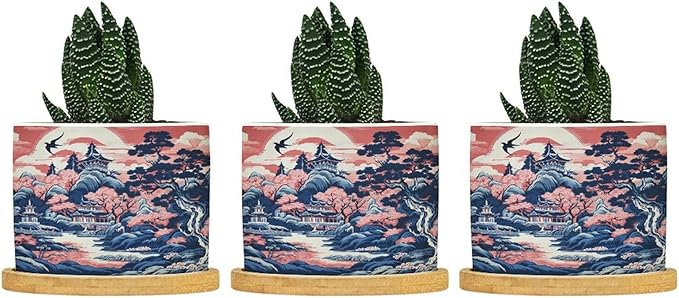 Pink Blue Chinoiserie Ceramic Planter Coral Chinoiserie Chic Asian Planters for Indoor Plants with Drainage Holes and Saucers Pot for Home Office Decoration