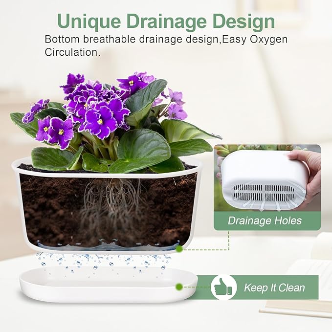 Set of 4 White Oval Window Sill Planters with Drainage Holes and Trays（7 Inch） for Herbs Basil Orchids Succulents, Modern Herb Garden Planter for Indoor/Outdoor Plants