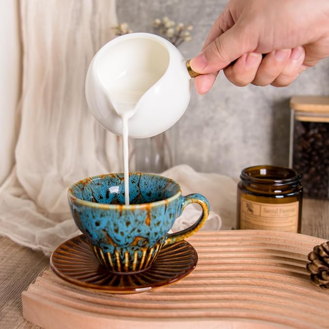 4 oz Espresso Cups Set of 6, Ceramic Cappuccino Cups with Saucers, Stackable Coffee Cup for Macchiato, Double shot, Tea, Coffee Lover Gifts, Glazed Blue