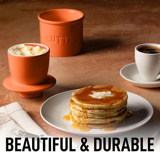 Zulay Kitchen Bell Shaped Butter Crock with Lid for Countertop with Water Line & Spreader Knife, Ceramic French Butter Dish Keeper For Fresh, Soft & Spreadable Butter - Orange