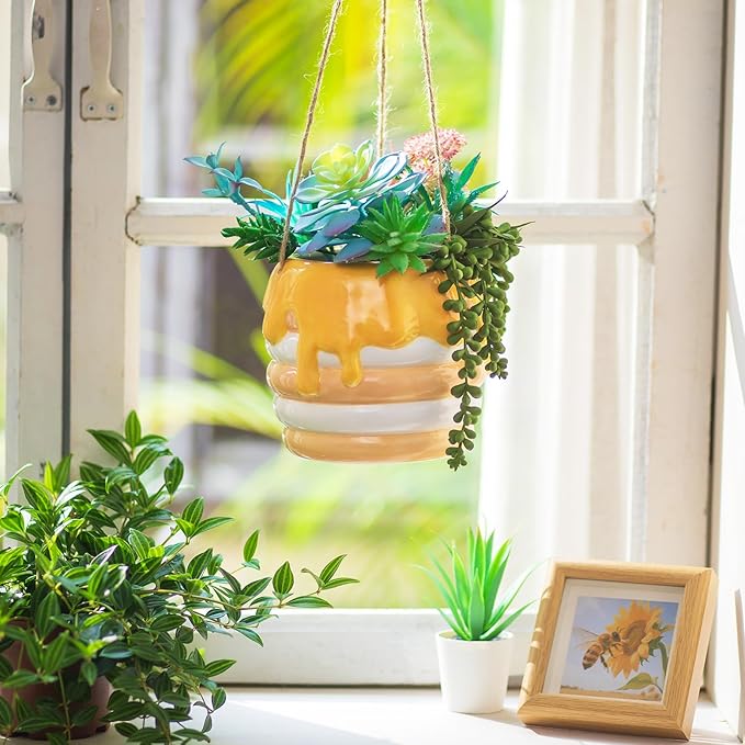 Bee Decor Hanging Planter: 6x4 Inch Opening Cute Flower Pot with Drainage - Ceramic Honey Plant Pot for Indoor Outdoor Garden Kitchen Bathroom
