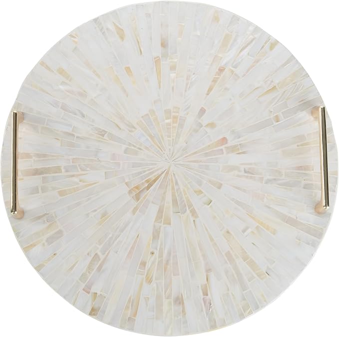 PEMAR Mother of Pearl Decorative Tray, 13"" Round with Gold Metal Handles, Vanity/Perfume/Trinket Tray, Catchall for Dresser, Bathroom, Vanity Table (White Sunlight), PM24-PM15