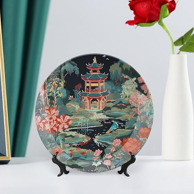 Chinoiserie Charcoal Coral Pagoda Asian Ceramic Decorative Plate of 6", 7", 9", 10", Custom Asian Colorful Pagoda Chinese Plates, Kitchen Farmhouse Decorations Home, 1 Plate with 1 Display Stand