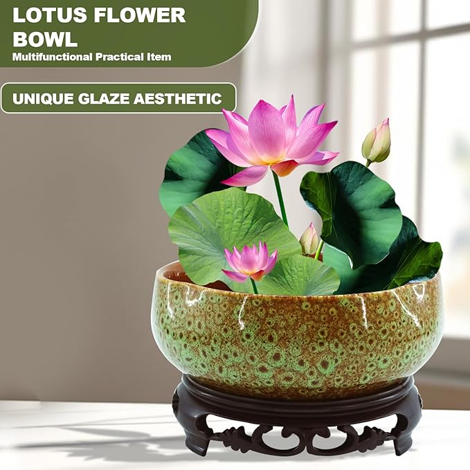Lotus Bowl Planter，Decorative Ceramic Bowl Lotus for Water Plants with Black Stand, Green and Brown Glazed Finish