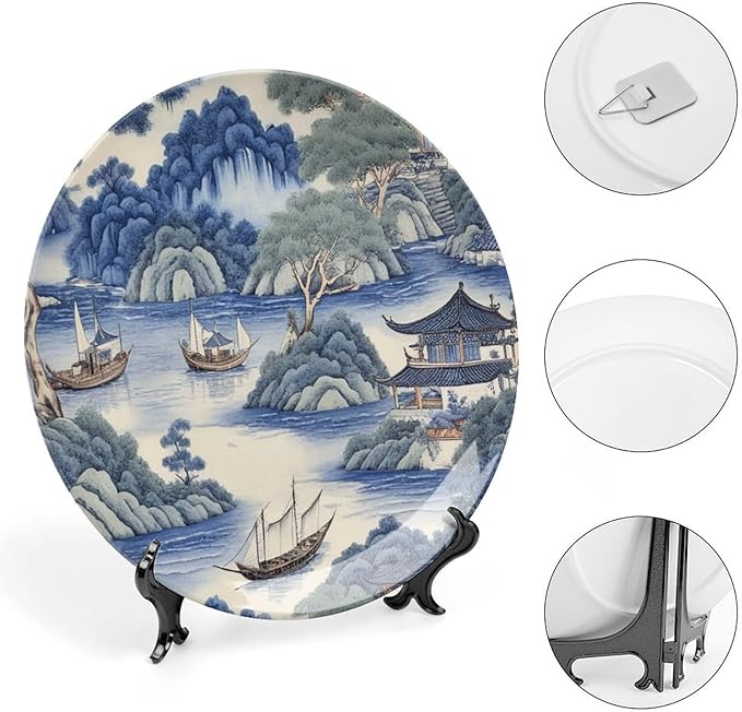 Asian Scenic in Blue And Kelly Green Chinoiserie Vintage Plates for Display Festival Household Supplies Home Display Holiday Party Decorations Customize Gifts for Men Women Halloween, 6", 7", 9", 10"