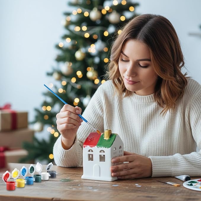 Beeveer Set of 6 Ceramic Christmas Village House Paint Craft Kit Blank Ceramic Plaster Keepsake Pigment Palette Brushes Included for Xmas Holiday Party Art DIY Project Tabletop Decoration