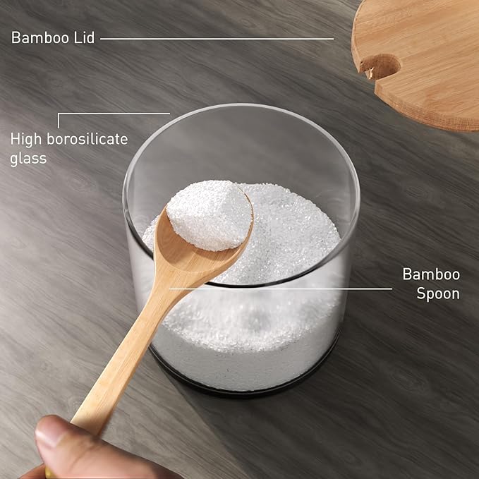 3 Pack Salt Container Clear Glass Spice Jar with Acacia Wooden Lid and Spoon, Condiment Containers with Lids Classic Style, Kitchen Storage Container