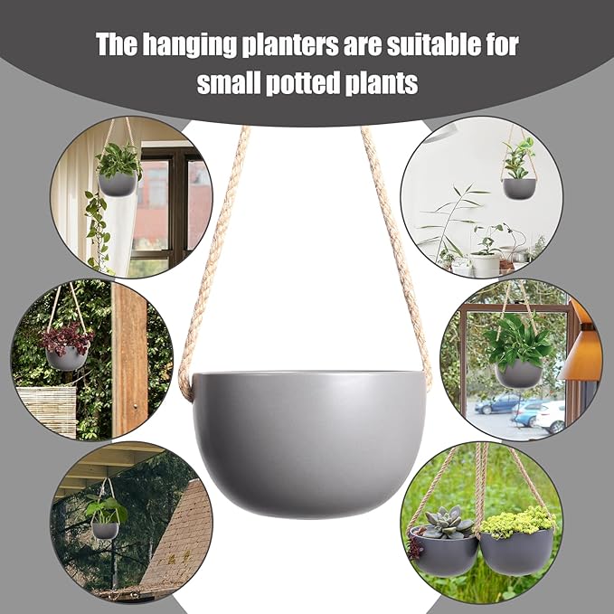 INGOFIN 4 Inch Ceramic Hanging Planter, Modern Hanging Plant Pot with Jute Rope, Succulent Bonsai Pots, Matte Grey Porcelain Flower Pots, for Indoor and Outdoor, Set of 4 (Matte Grey)