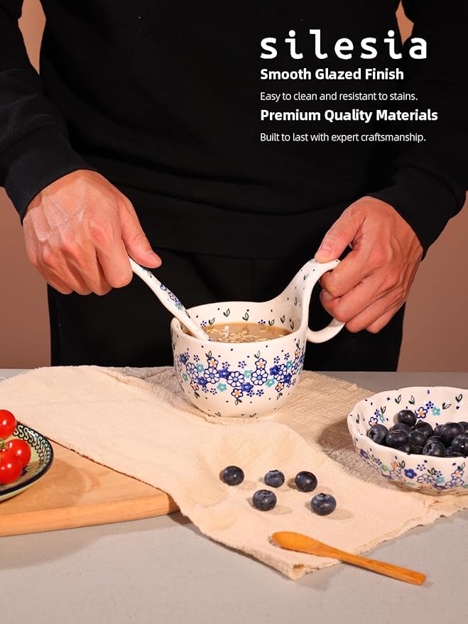 silesia Handmade Loop Handle Soup Bowl, Plate and Spoon Set Ceramic Hand Painted Cereal Bowl Great for Soup, Ice cream, Snack, Stew in Gift Box, Dishwasher & Microwave Safe, Forget Me Not