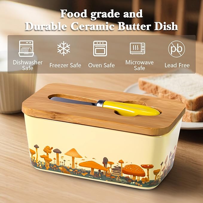 Mushroom Butter Dish with Lid,Large Butter Crock Keeper Saver,Ceramic Butter Container for Countertop with Highly Sealed Silicone Thick Wooden Lid for Kitchen Farmhouse Decor (Yellow, Mushroom)