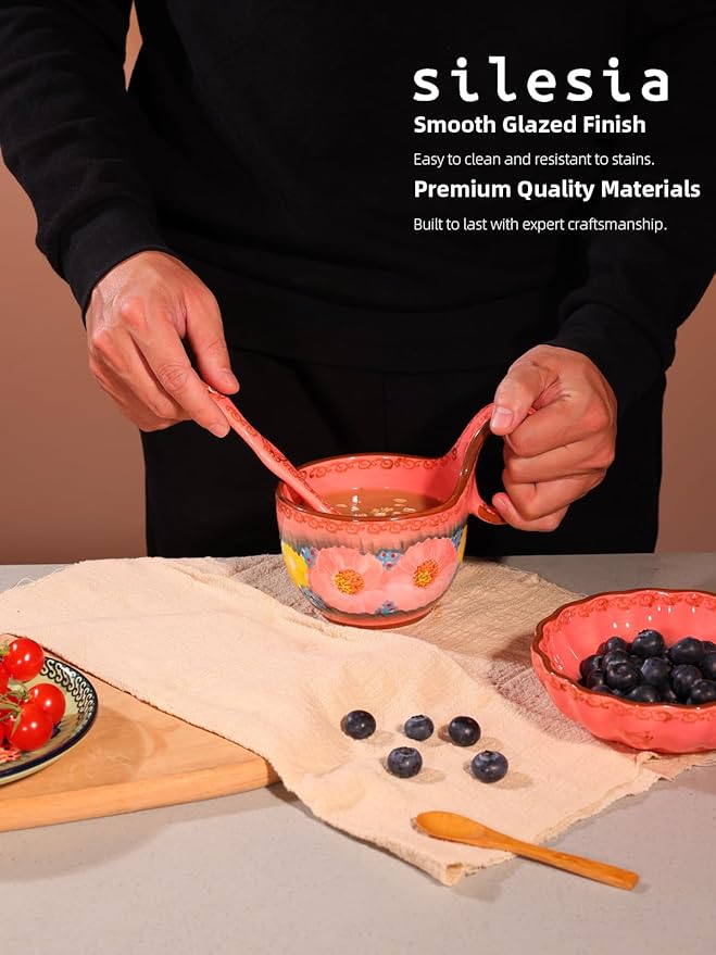 silesia Handmade Loop Handle Soup Bowl, Plate and Spoon Set - Ceramic Hand Painted Cereal Bowl Great for Soup, Ice cream, Snack, Stew in Gift Box, Dishwasher Safe, Glazed Pink
