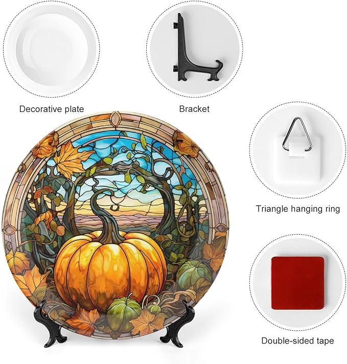Decorative Plates for Wall Hanging, Fall Maple & Pumpkin Stained Glass Design Ceramic Plate w/Display Stand, Home Decor for Kitchen Cabinets, Farmhouse Round Tray 7 Inch, Gift for Thanksgiving
