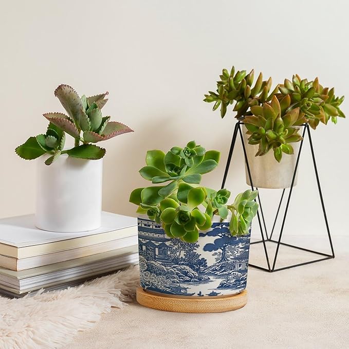 Planters Ceramic Chinoiserie Blue And White Porcelain Pattern Ceramic Pots with Drainage Holes Round Flowerpot Bamboo Tray Plant Pots for Succuelnt And Little Snake Plants Pots for Nana Grandma