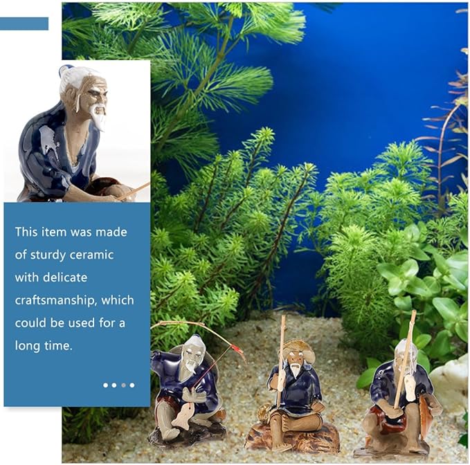 Homoyoyo Ceramic Fisherman Figurine Set 2pcs, 4-inch Bonsai Ornament for Fish Tank Decor, Aquarium Desktop Collectible Statue, Asian Fishing Man Sculpture for Home Garden