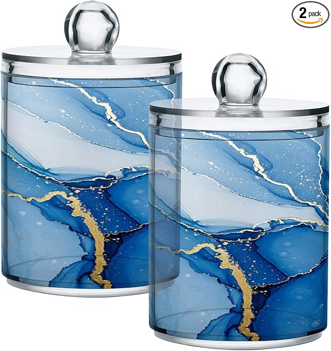 MNSRUU 2 Pack Qtip Holder Organizer Dispenser Blue White Marble Wave Bathroom Storage Canister Cotton Ball Holder Bathroom Containers for Cotton Swabs/Pads/Floss