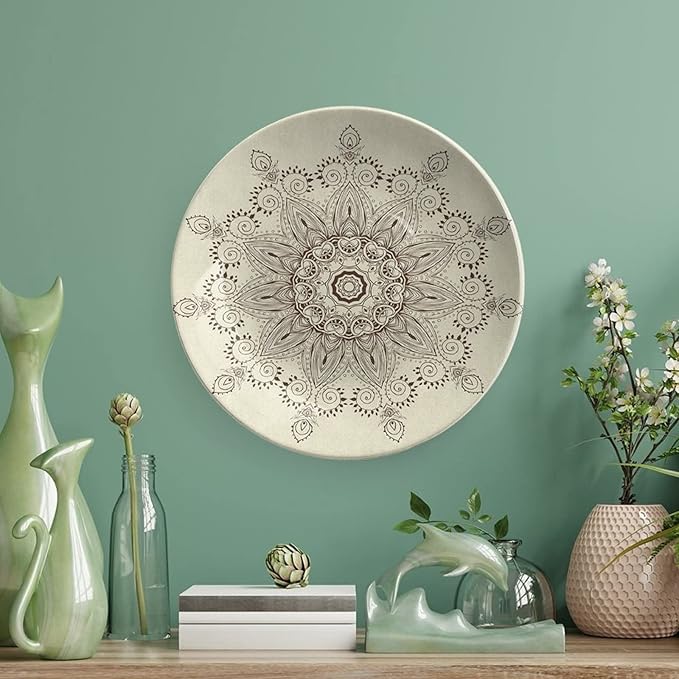 XISUNYA 6 Inch Decorative Plate, Lotus Dinner Plate, Arabesque Mandala Ritual Symbol Print Ornament Display Plate Decor Accessory for Dining, Parties, Wedding, Seal Brown Cream