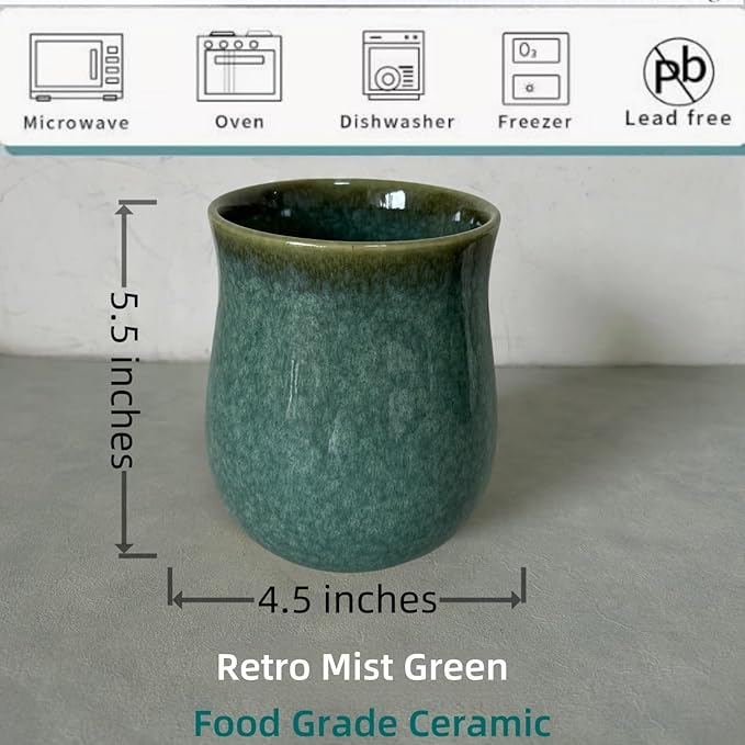 Short Kitchen Utensil Holder for Kitchen Counter, Ceramic Small Utensil Crock & Vase & Holder for Cutlery Spatula Brush Silverware Cooking Utensil Holder (Retro Mist Green)