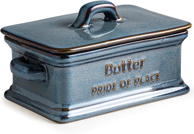 Butter Dish with Lid, Porcelain Butter Dish for Countertop Large Butter Keeper Butter Holder Container for East West Coast Butter, Farmhouse Decor for Mother's Day, Blue