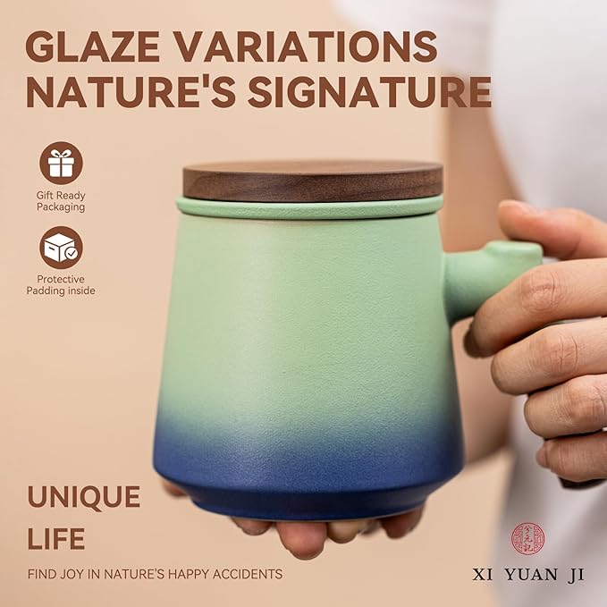 Ceramic Tea Mug with Infuser & Lid, 14oz Kiln-Transformed Unique Cup – Nature's Artisan Design, Loose Leaf Tea Cup with Infuser, Insulated Ceramic Coffee Mugs with Lid, Gift for Women/Men