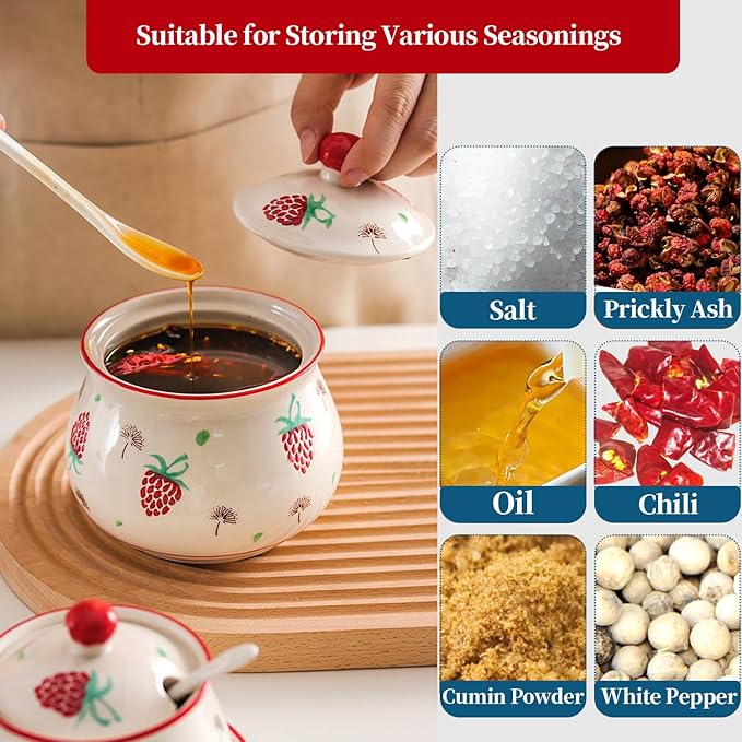 Kitchen Ceramic Condiment Jars with Lids and Spoons, 3 Piece Kitchen Ceramic Seasoning Jar Set for Salt Spice Suger Pepper, Sugar Coffee Tea Container Pot with Serving Tray - Red Strawberry