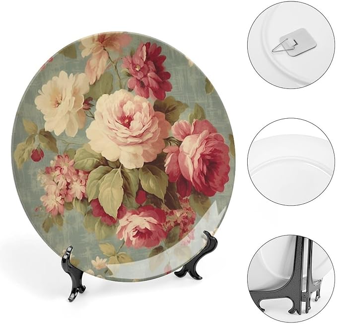 Pink Cabbage Roses Romantic Aqua Ceramic Decorative Plate, Custom Ceramic Dinner Plates for Kitchen Table Housewarming Gifts Decor, Unique Art with Stand Art Decorations for Club Household