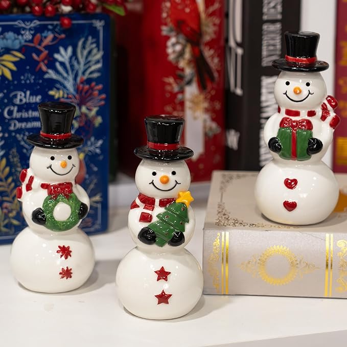 NEROSUN Christmas Snowman Figurines, Set of 3 Ceramic Cute Snowman Ornaments Christmas Decorations, Winter Table Centerpiece for Indoor Cabinet Mantel Fireplace Holiday Xmas Decor