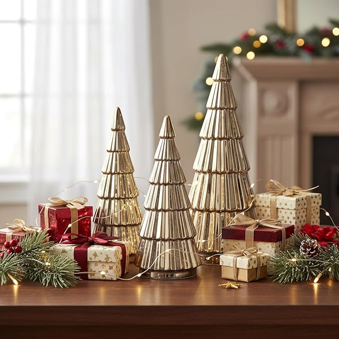Wesiti 3 Pieces Gold Ceramic Christmas Tree Figurines Tabletop Small Decorative Xmas Tree Desktop 6.3" & 8.1" & 10.2" Tall Holiday Table Centerpieces for Office Home Mantle Shelf Cabinet Decor Indoor
