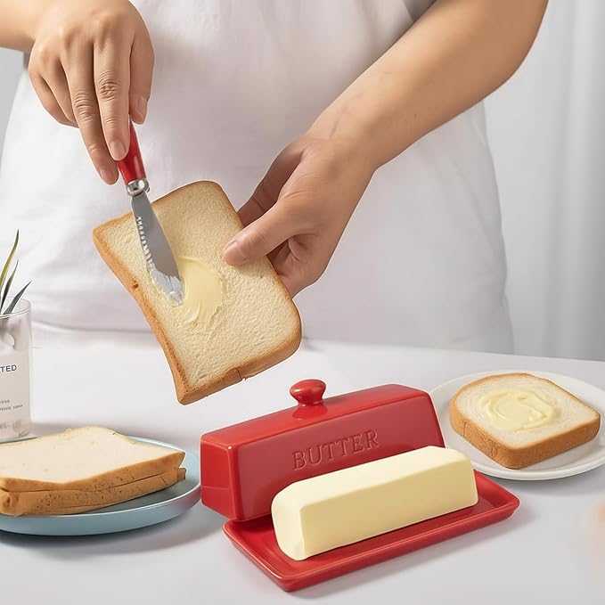 WERTIOO Butter Dish with Lid, Ceramic Butter Dish with Lid for Countertop for 1 Stick. Textured Tray for Non Slip Storage with Stainless Steel 3 in 1 Butter Spreader, Red