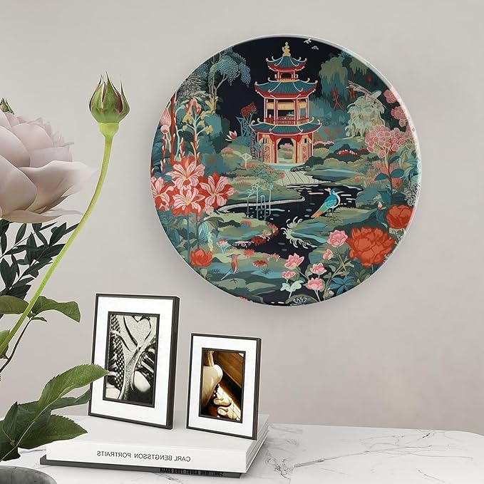 Chinoiserie Charcoal Coral Pagoda Asian Ceramic Decorative Plate of 6", 7", 9", 10", Custom Asian Colorful Pagoda Chinese Plates, Kitchen Farmhouse Decorations Home, 1 Plate with 1 Display Stand