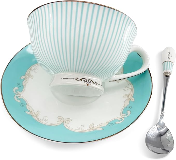 Vintage Ceramic Teacup Elegant Coffee Cup with Spoon and Saucer Set,Royal Bone China Tea Cups (Stripe)