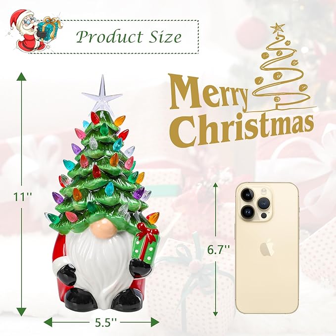 VCUTEKA Small Ceramic Christmas Tree Hand-Painted Vintage Tabletop Christmas Tree Holiday Decoration with Multi-Color Lights Green Gnome 11 inch