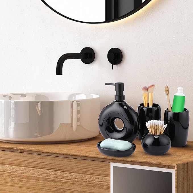 5 Pcs Ceramic Bathroom Accessories Set Includes Soap Dispenser Toothbrush Cup Holder Soapbox Holder Stylish Modern Bathroom Matte Glaze Decor (Black)
