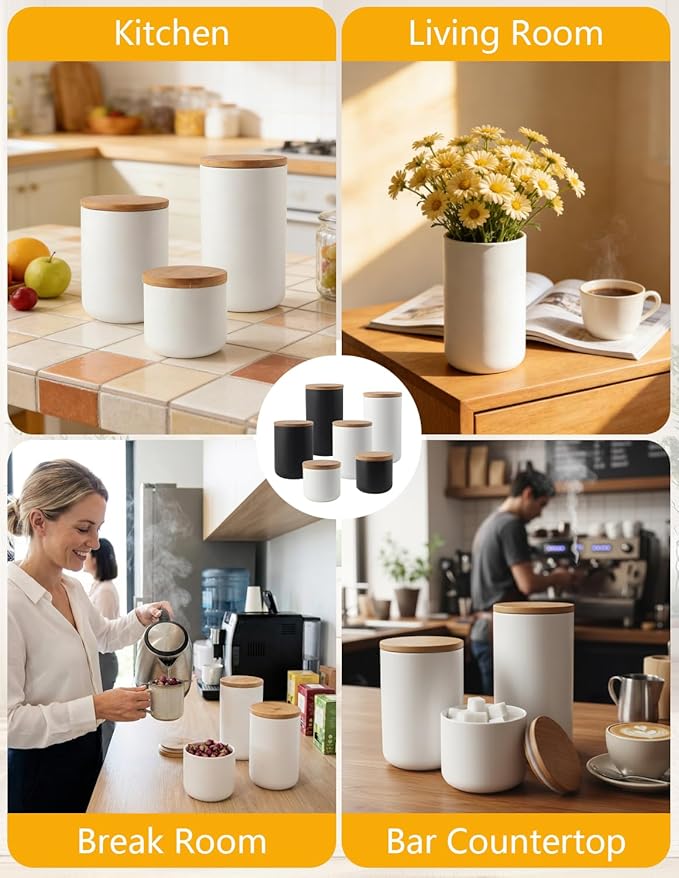 Ceramics Food Storage Jar Canister with Airtight Seal Bamboo Lid, Simple Style Kitchen Canister for Food Storage, Store Coffee, Sugar, Tea, Spices and More (White (27.05oz/800ml))