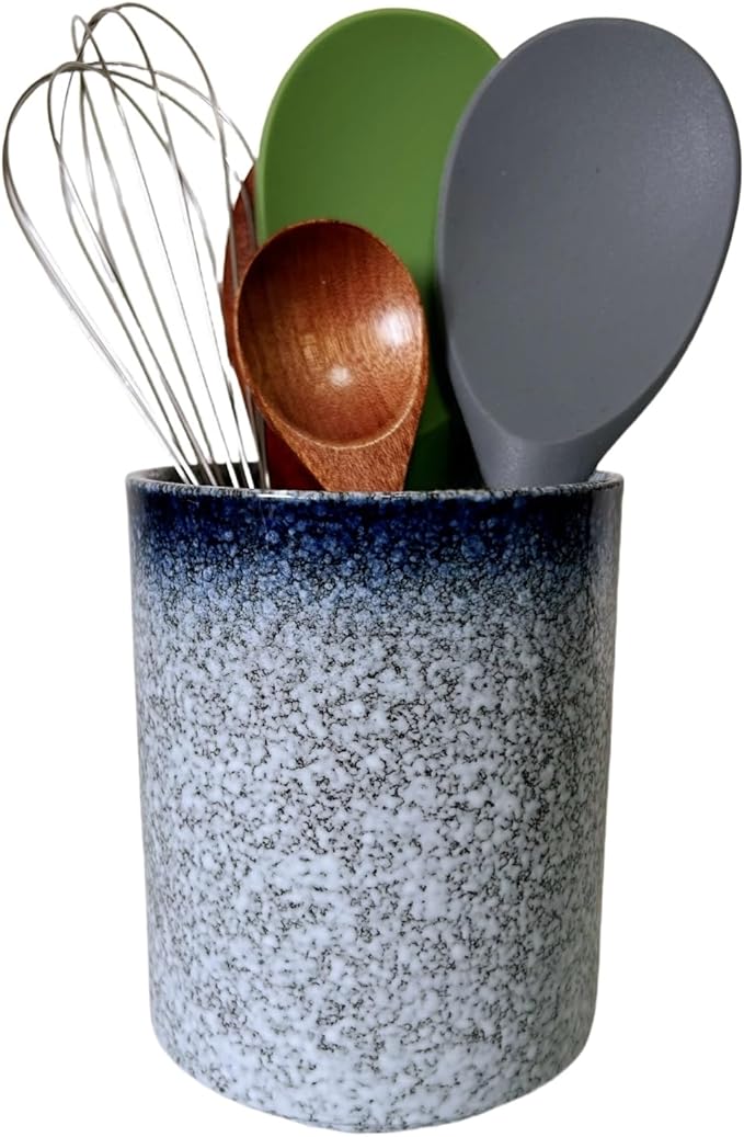 Short Kitchen Utensil Holder for Kitchen Counter, Ceramic Small Utensil Crock & Vase & Holder for Cutlery Spatula Brush Silverware Cooking Utensil Holder (Stone Blue)
