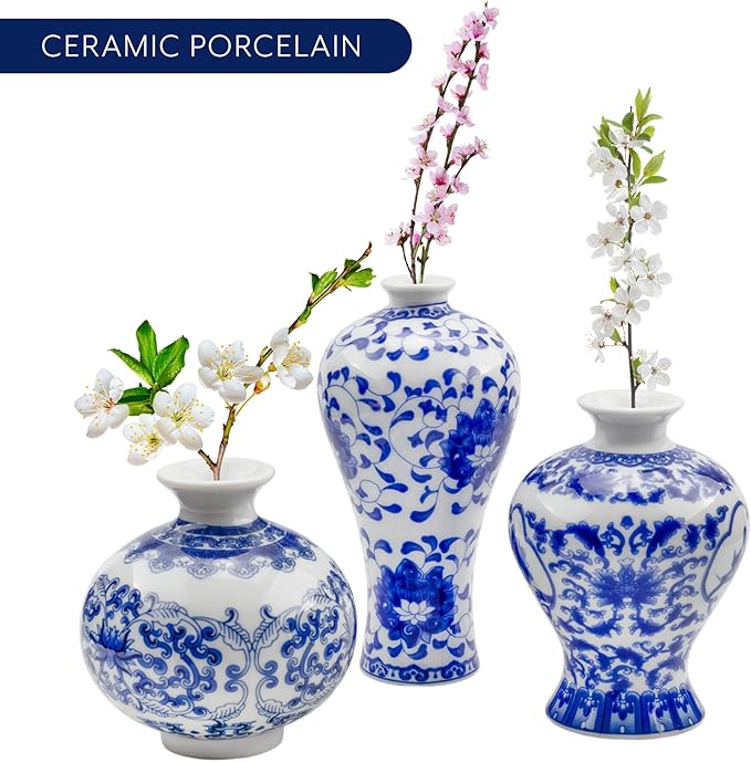 AuldHome Blue and White Porcelain Vases Set of 3, Mini Decorative Bud Vases for Farmhouse, Cottagecore, and Vintage Decor