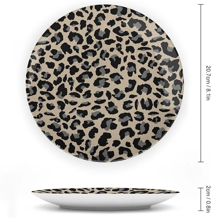 Leopard Animal Print Black in Brown Background China Plates, Animals Wildlife with Textures Customize Wall Art Hanging Plate for Office Wall Home Decor, with Vertical Stand Art Decor for Wedding