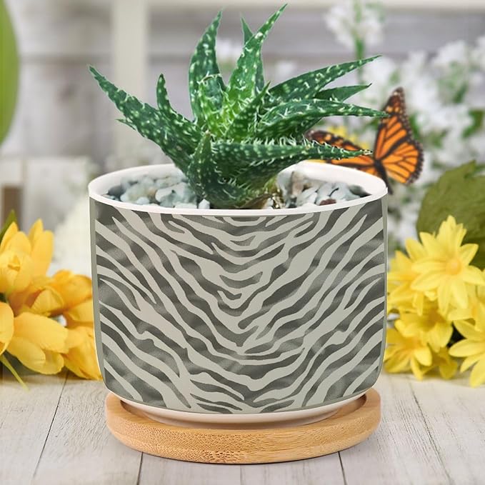 Tiger Fur Skin Planter Ceramic Animal Strip Print Round Flower Pots with Drainage Holes and Bamboo Tray Pot for Succulents Cactus Garden Windowsill