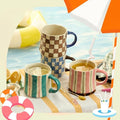 Retro Checkered Ceramic Coffee Mug 16Oz - Extra Large Handle, Microwave Safe Vintage Patterned Tea Cup for Home-4pack