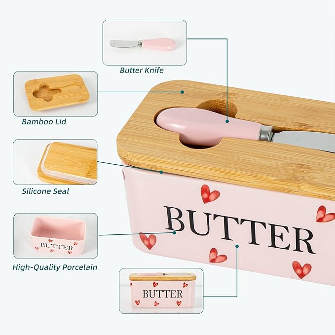 Pink Ceramic Butter Dish with Bamboo Lid and Knife, Cute Butter Holder,Large Covered Butter Container for Refrigerator, Butter Keeper with hearts design, Unique Kitchen Decor Gift(pink love)