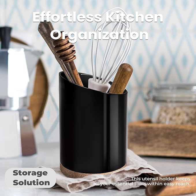 Large Ceramic Utensil Holder for Kitchen Counter, Modern Crock with Slanted Top & Cork Mat, for Spatulas & Cooking Spoons, Black