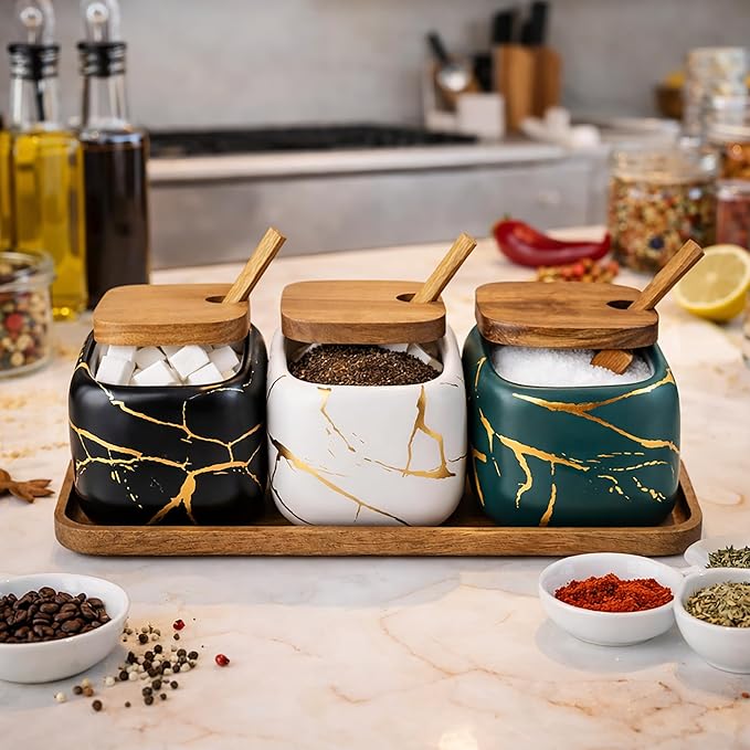 Ceramic Spice Jars Porcelain Condiment Jars Set Marble Ceramic Seasoning Box 3pcs Condiment Pots for salt, sugar, pepper Kitchen Seasoning Condiment Jar Set （Color mixing）