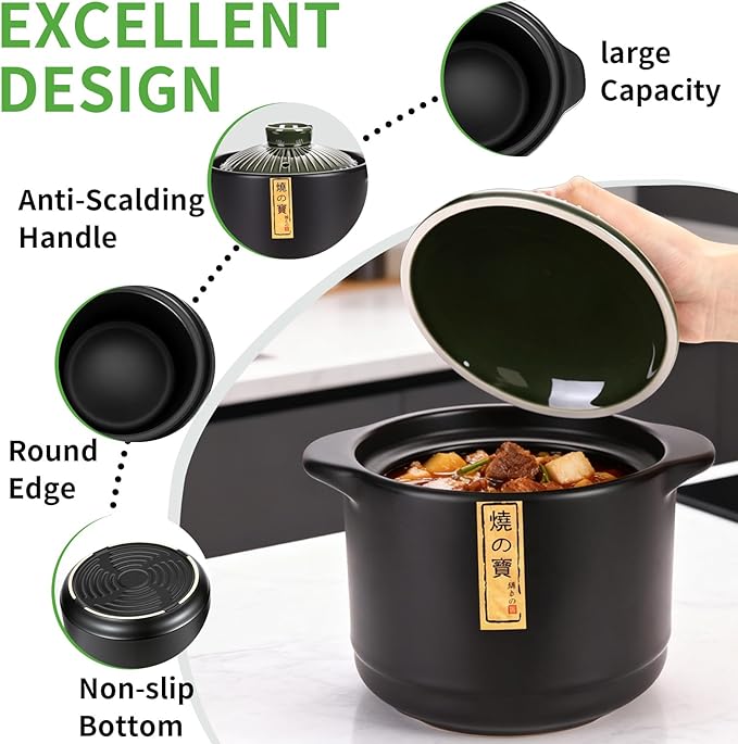 Ceramic Cooking Pot 2.1QT – Authentic Japanese Donabe Clay Pot – Earthenware Stew Pot for Slow Cooking, Casserole with Green Lid, Healthy & Non Toxic