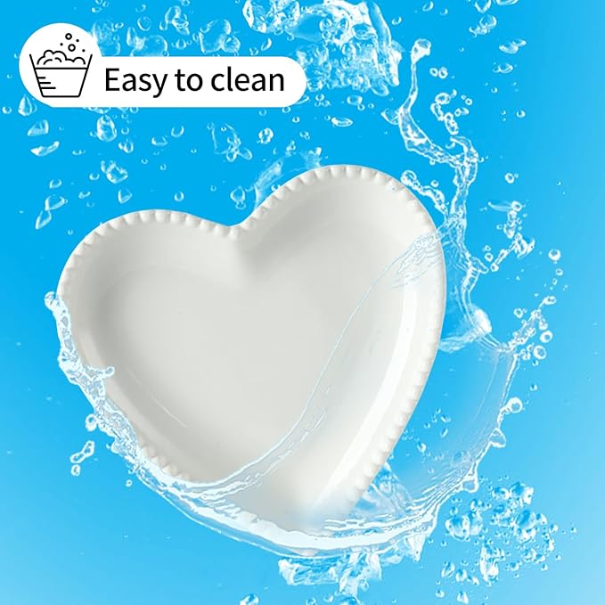 OMAYKEY 6.3 Inch Ceramic Dessert Plates Set of 10, Small Salad Plates, Porcelain Heart Shaped Appetizer Plates, Dinner Plates for Cake, Snack, Ice Cream, Microwave, Oven, Dishwasher Safe, White
