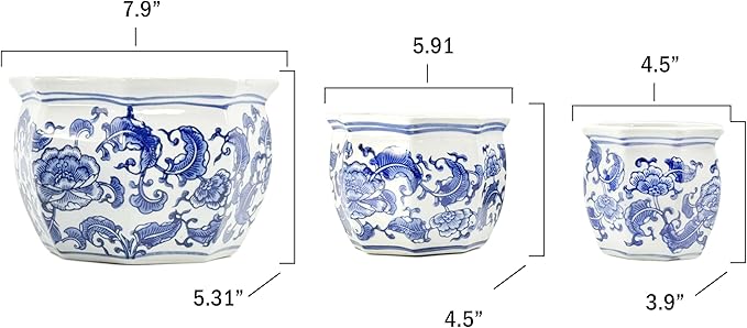 Galt International Blue & White Floral Porcelain Ceramic Decorative Flower Pot 8"/6"/4.5" Garden Pots Chinese Asian Design - Set of 3 Round Bulb Fluted