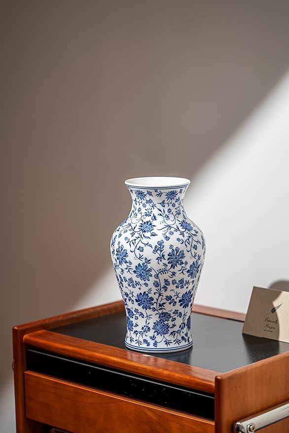 Blue and White Porcelain Décor, Blue and White Vase, Blue Vase, Chinoiserie Vase, Blue and White Ginger Jar Vase for Home Decor,Flower Vase,11" H
