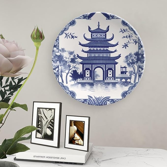 Chinoiserie Blue Asian Pagoda Plates Ceramic of 6", 7", 9", 10", Customize Bone China Decorative Plate, Wall Home Decorations Office, Unique Art with Stand