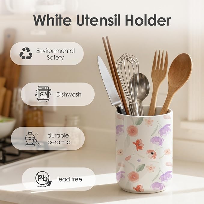 Wildflowers Utensil Holder,Countertop Ceramic Utensil Holder,Large Cooking Utensil Crocks for Kitchen Counter Decor,Ceramic Vase for Kitchen Utensils,6.3"+4.7"(Flower Language)